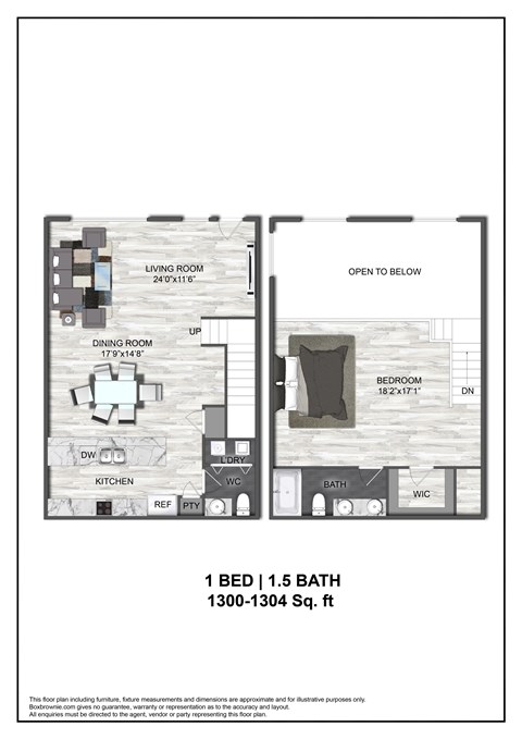 Floor plan for 1 bed, 1.5 baths, 1304 sqft
